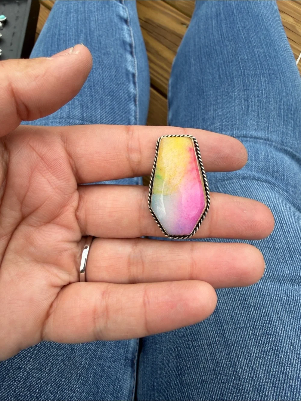 Handmade Multicolor Stone Ring with Rope Edge
